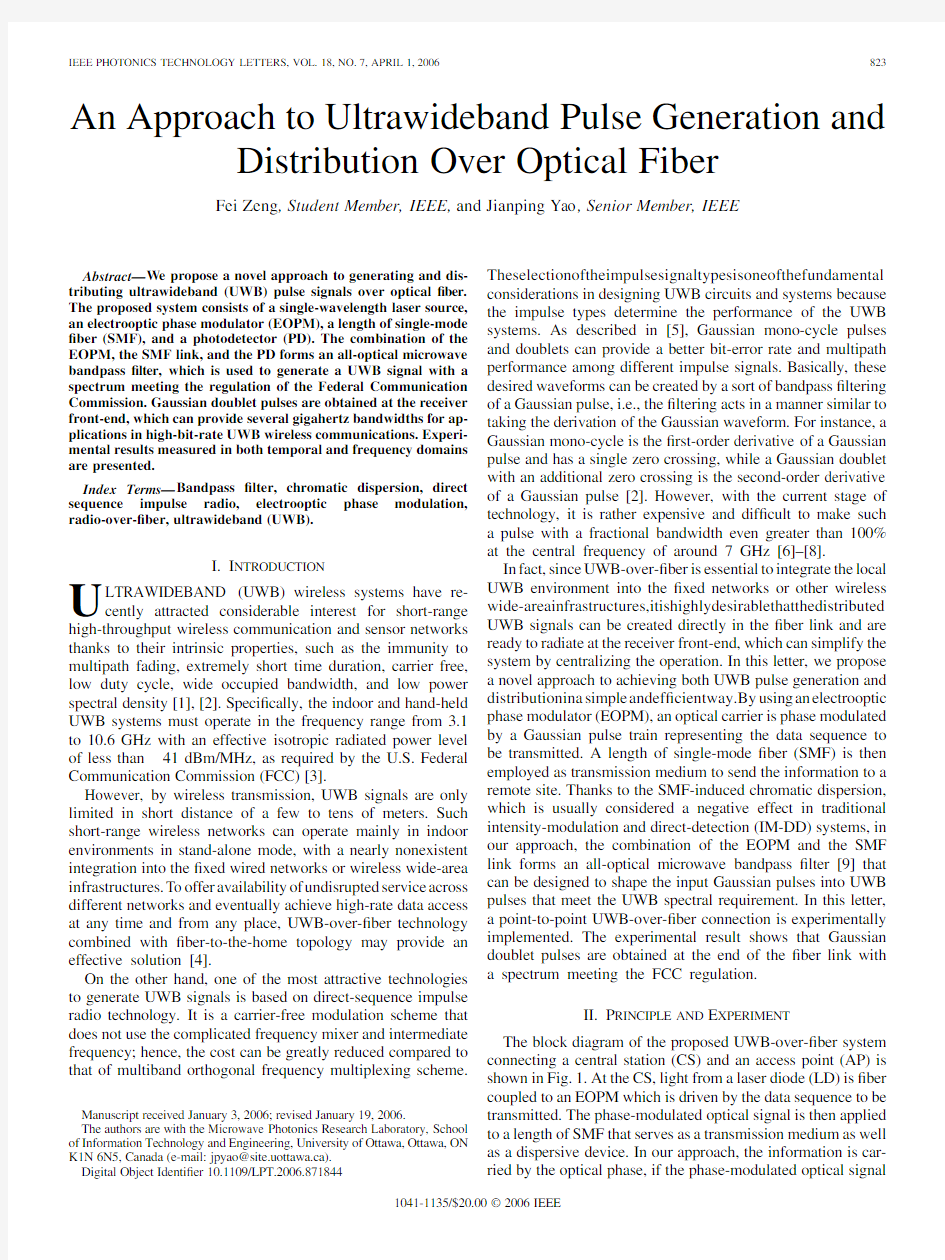 2006.04  PTL  Jianping Yao  An Approach to Ultrawideband Pulse Generation and Distribution Over Opti