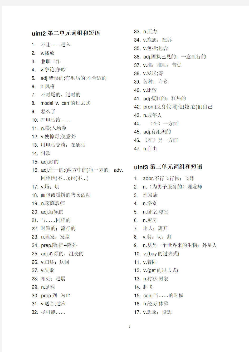 八年级下册英语单词表(汉语)(人教版)