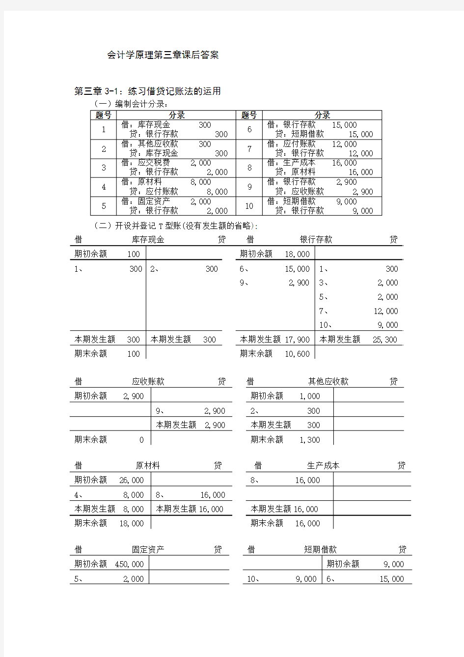 会计学原理第三章课后答案