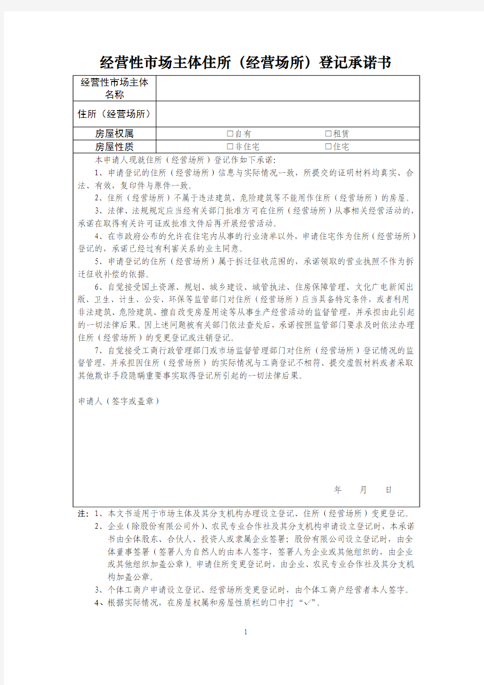 经营性市场主体住所(经营场所)登记承诺书_602896