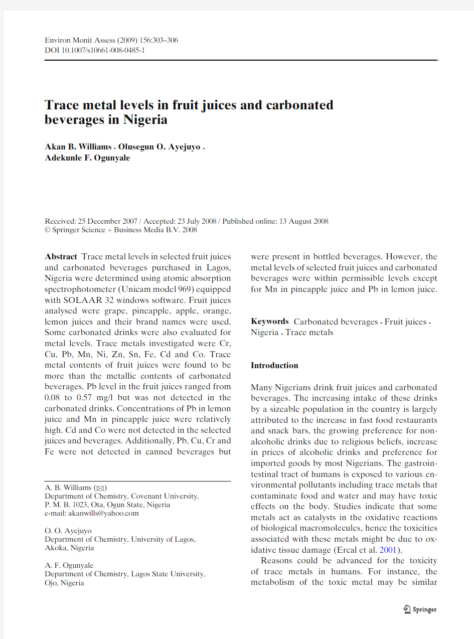 Trace metal levels in fruit juices and carbonated