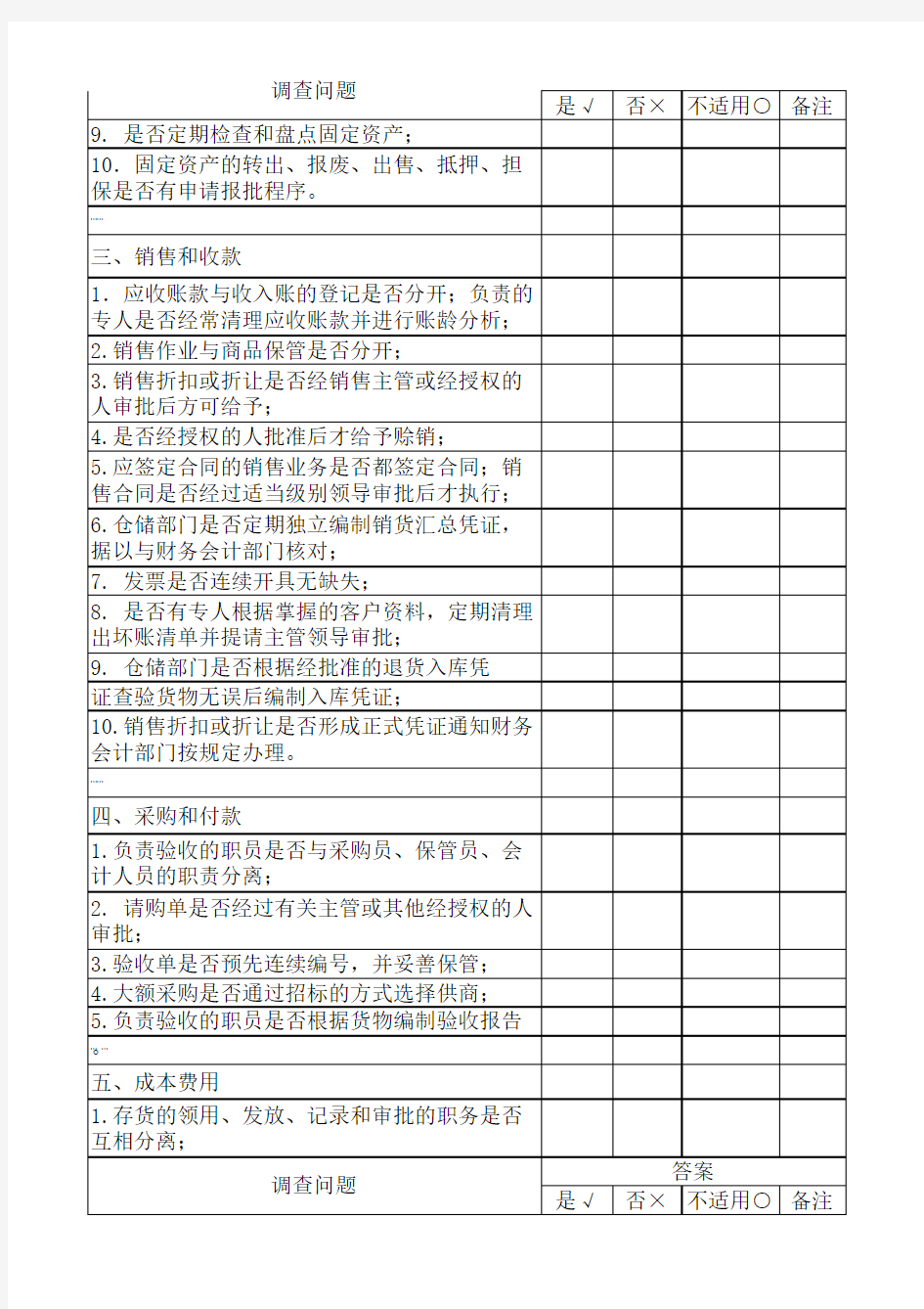 企业内部控制调查问卷