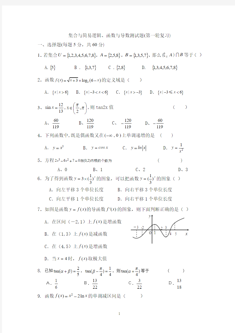 集合与简易逻辑、函数与导数测试题(含答案)杨登平设计