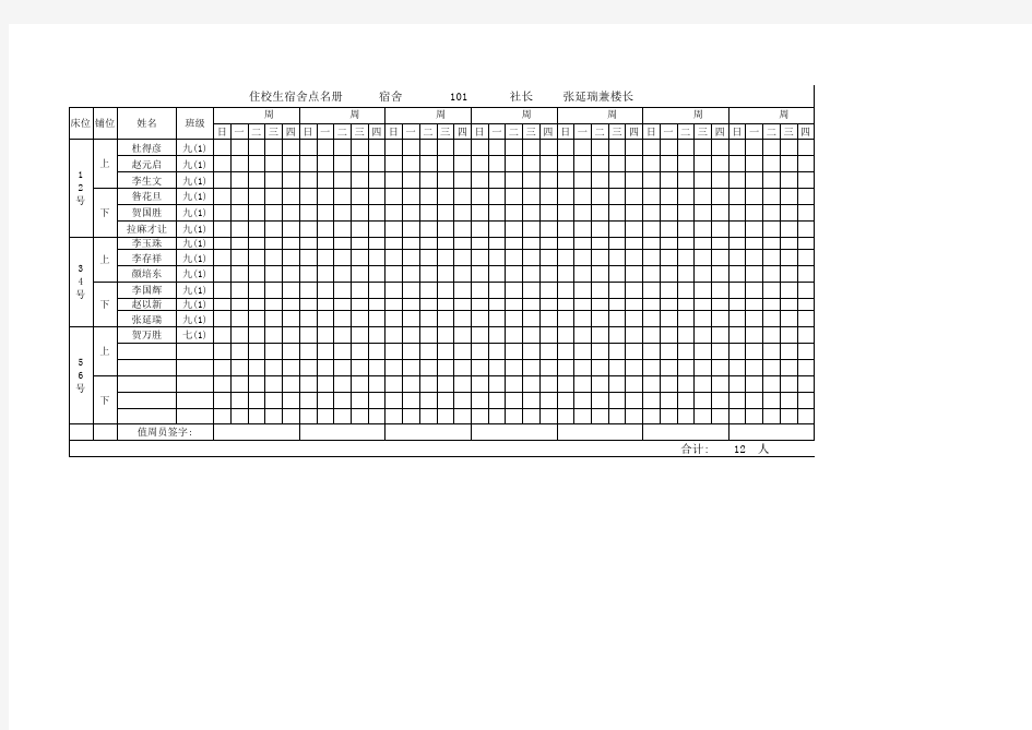 住校生宿舍点名册