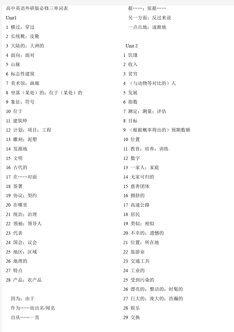 高中英语外研版必修三单词表中文