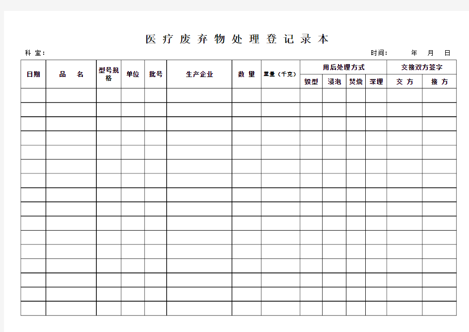 医疗废弃物处理登记表(标准)