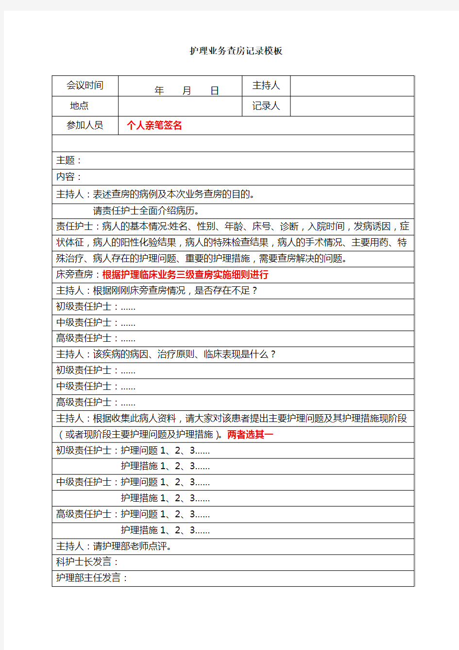 护理业务查房记录模板