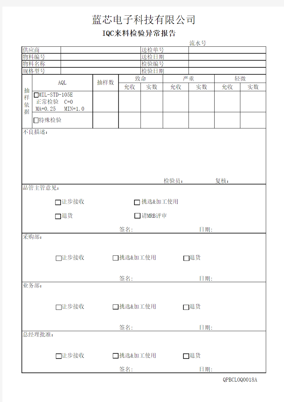 IQC来料检验异常报告