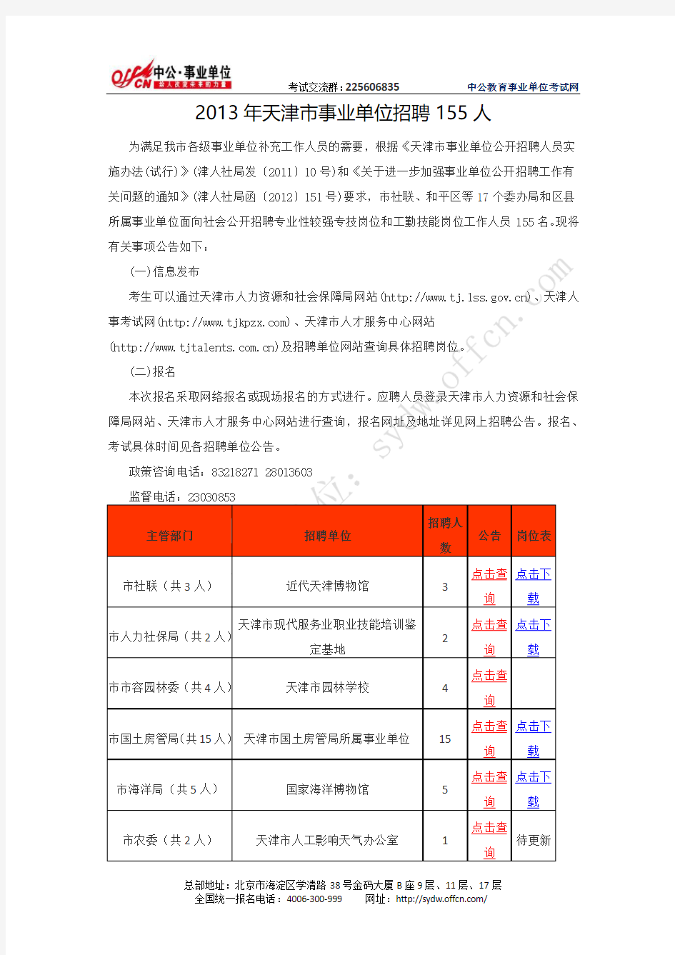天津人事考试网：2013年天津市事业单位招聘
