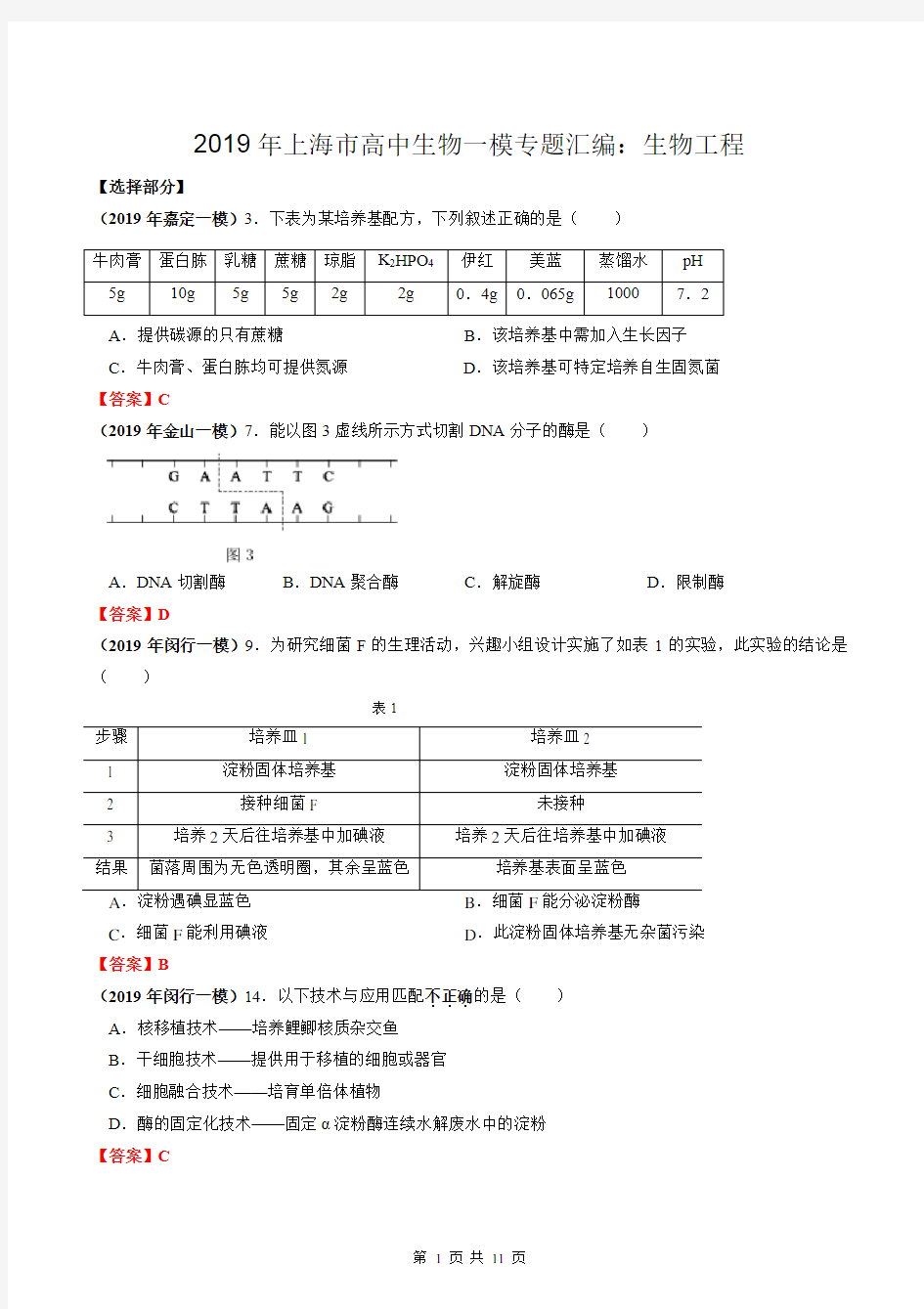 2019年上海市高中生物一模专题汇编：生物工程技术(教师版)