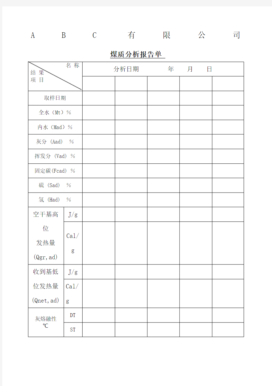 煤质分析报告单 