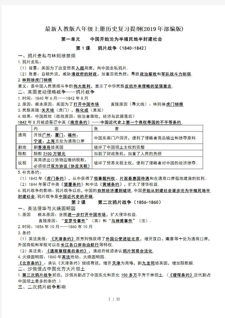 最新人教版八年级上册历史复习提纲(2019年部编版)