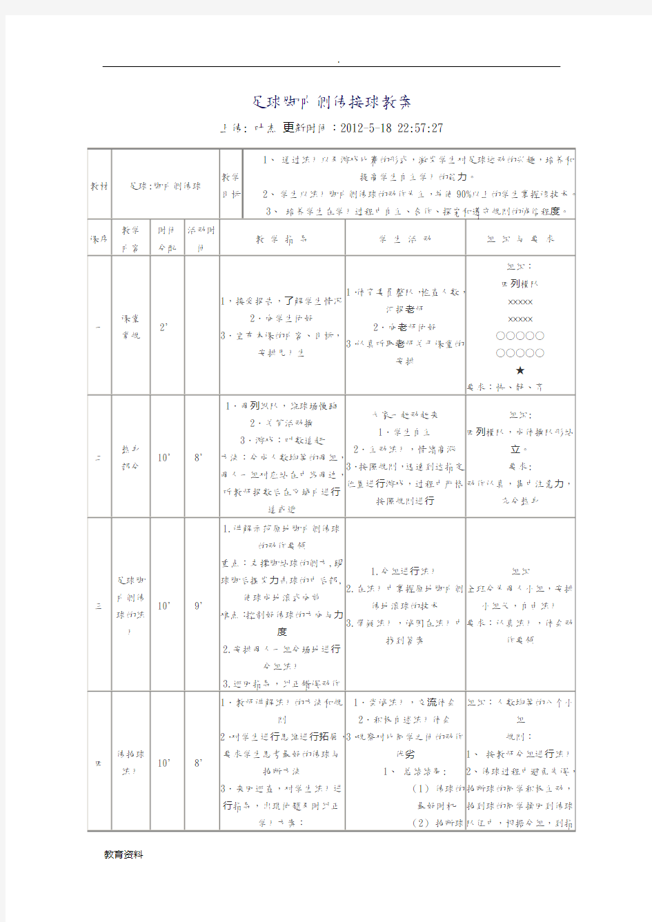 足球脚内侧传接球教学方案