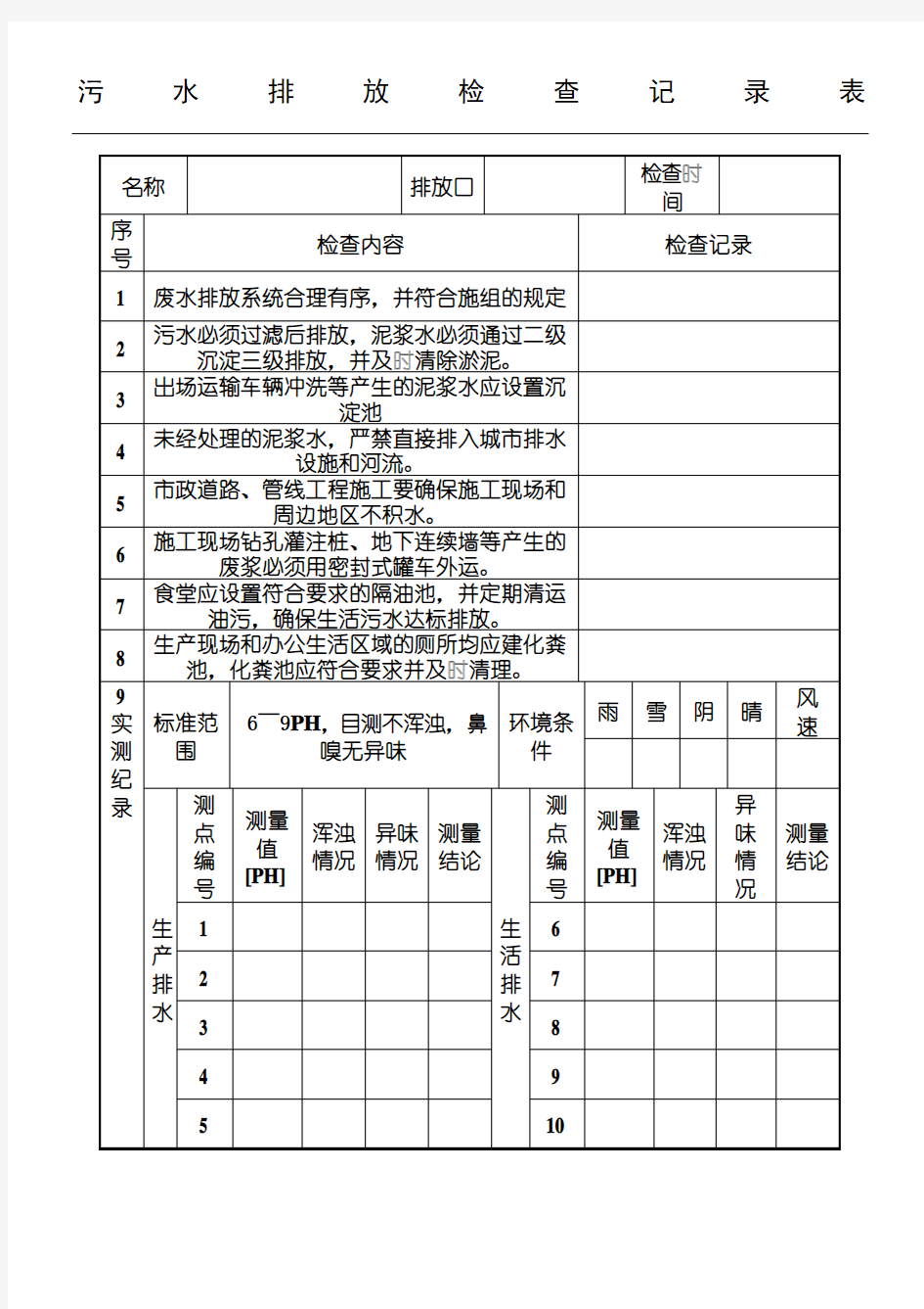 污水排放检查记录表格模板