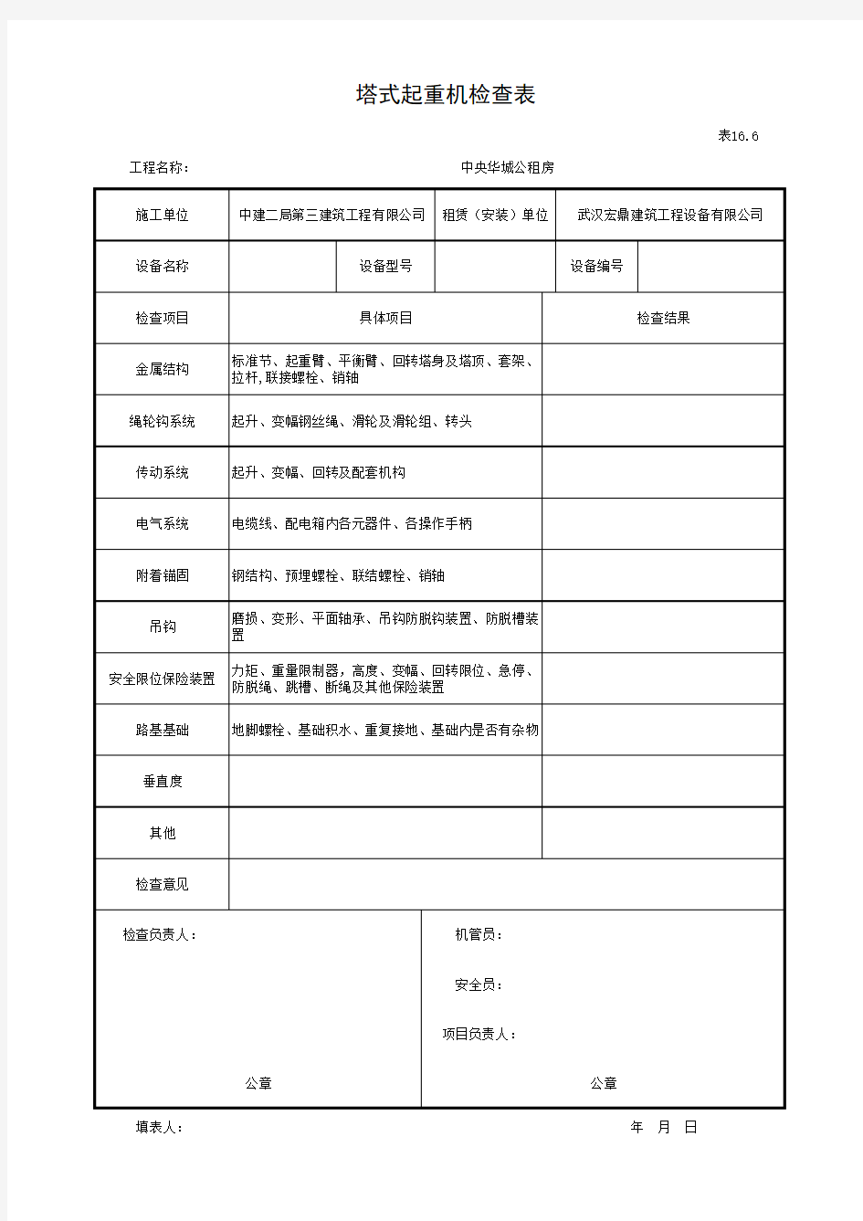 塔式起重机周期检查表(月检)