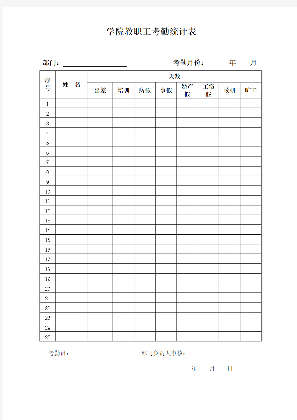 学院教职工考勤统计表