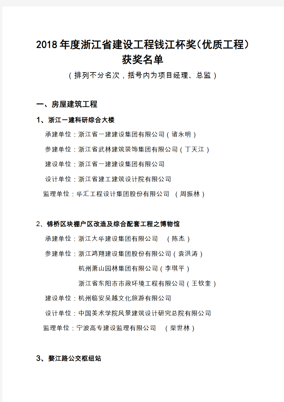 2018浙江建设工程钱江杯奖优质工程