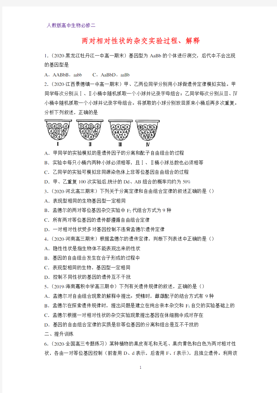 高中生物必修二课时作业26：1.2.1 两对相对性状的杂交实验过程、解释