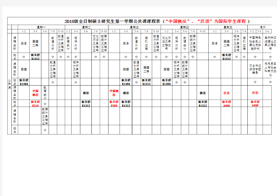 2018级全日制硕士研究生公共课课表