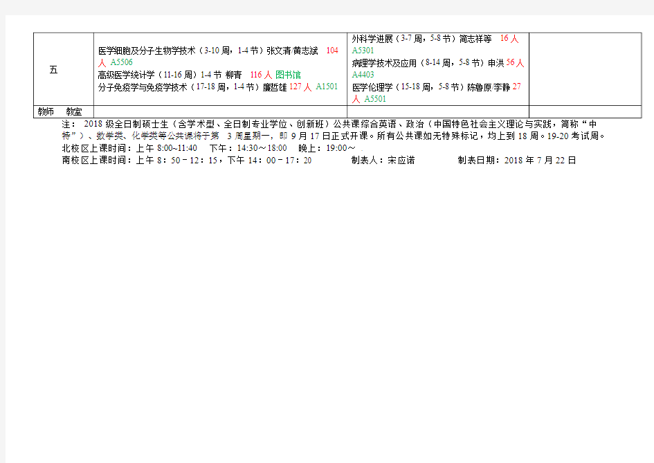 华南理工大学2018--2019学年度第一学期硕士研究生课程安排