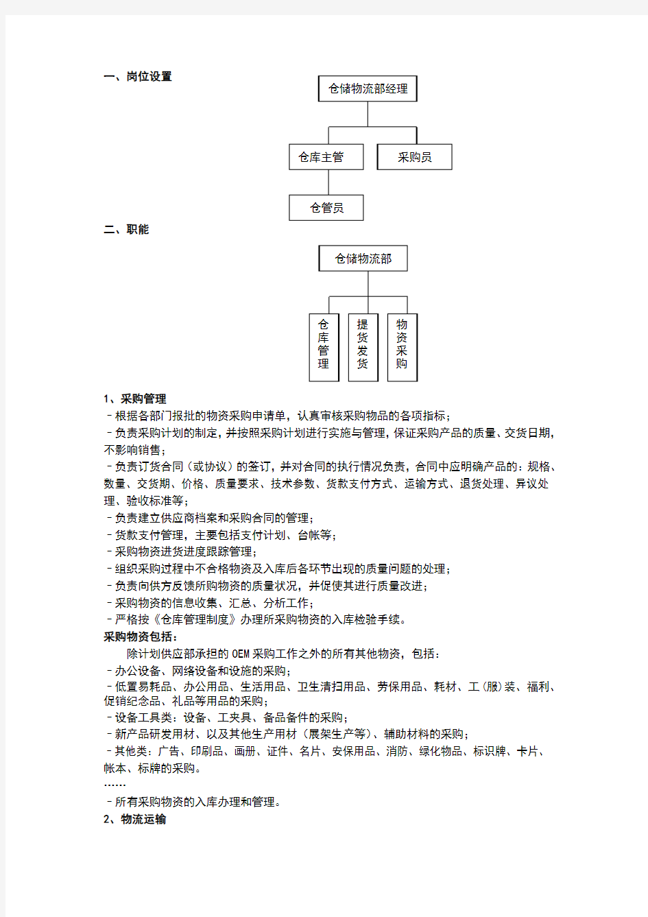 仓储物流部职责和岗位设置