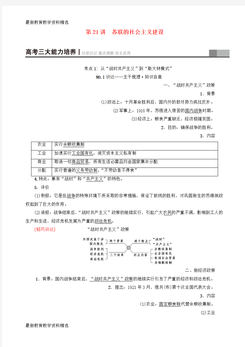 2020高考历史一轮复习第10单元资本主义运行机制的调节和苏联的社会主义建设第21讲苏联的社会主义建设教师用