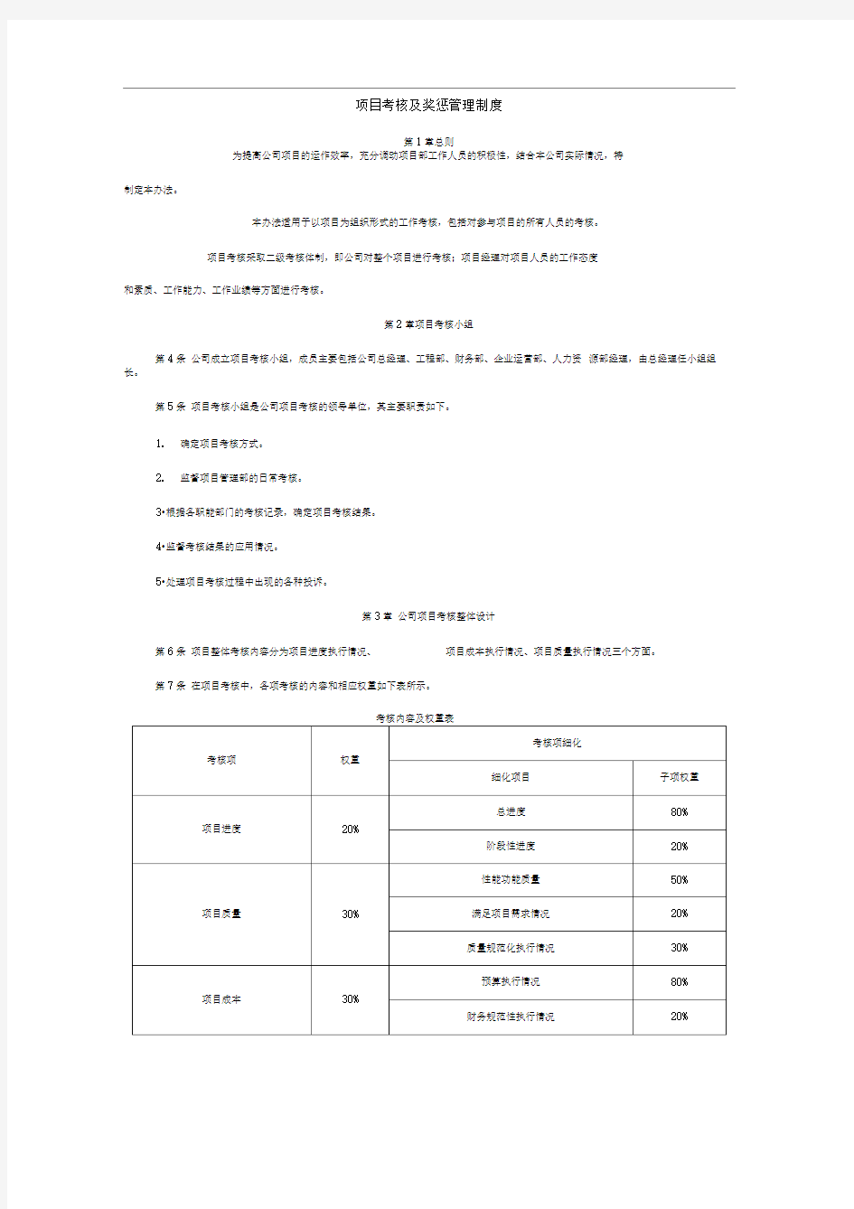 项目考核及奖惩管理制度