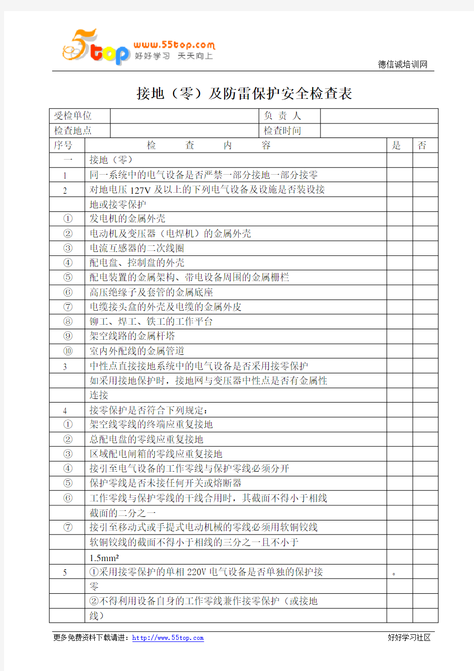 接地及防雷保护安全检查表