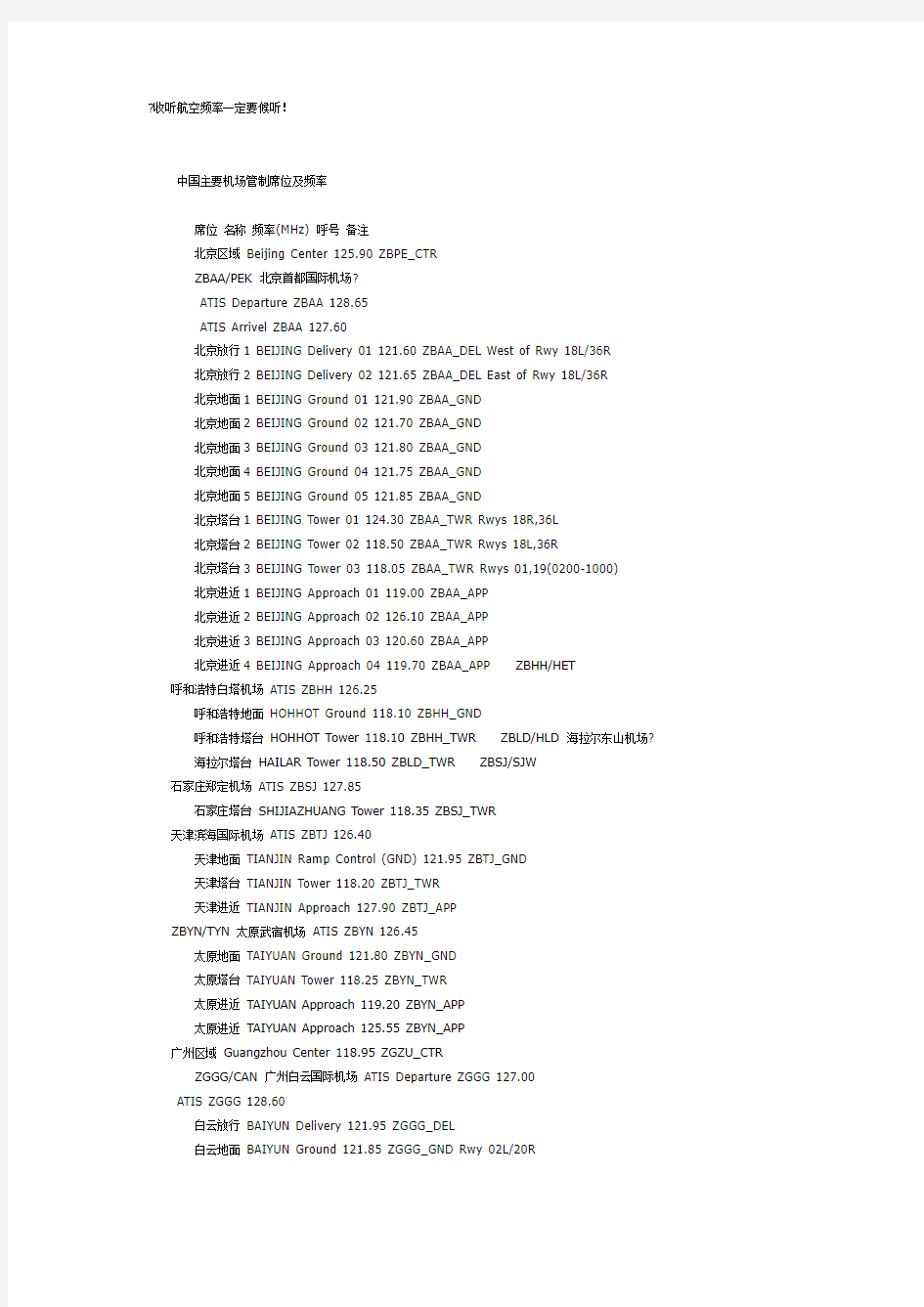 中国主要机场管制席位及频率
