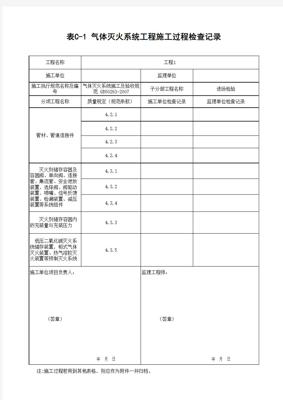 (上海市新版)气体灭火系统工程施工过程检查记录