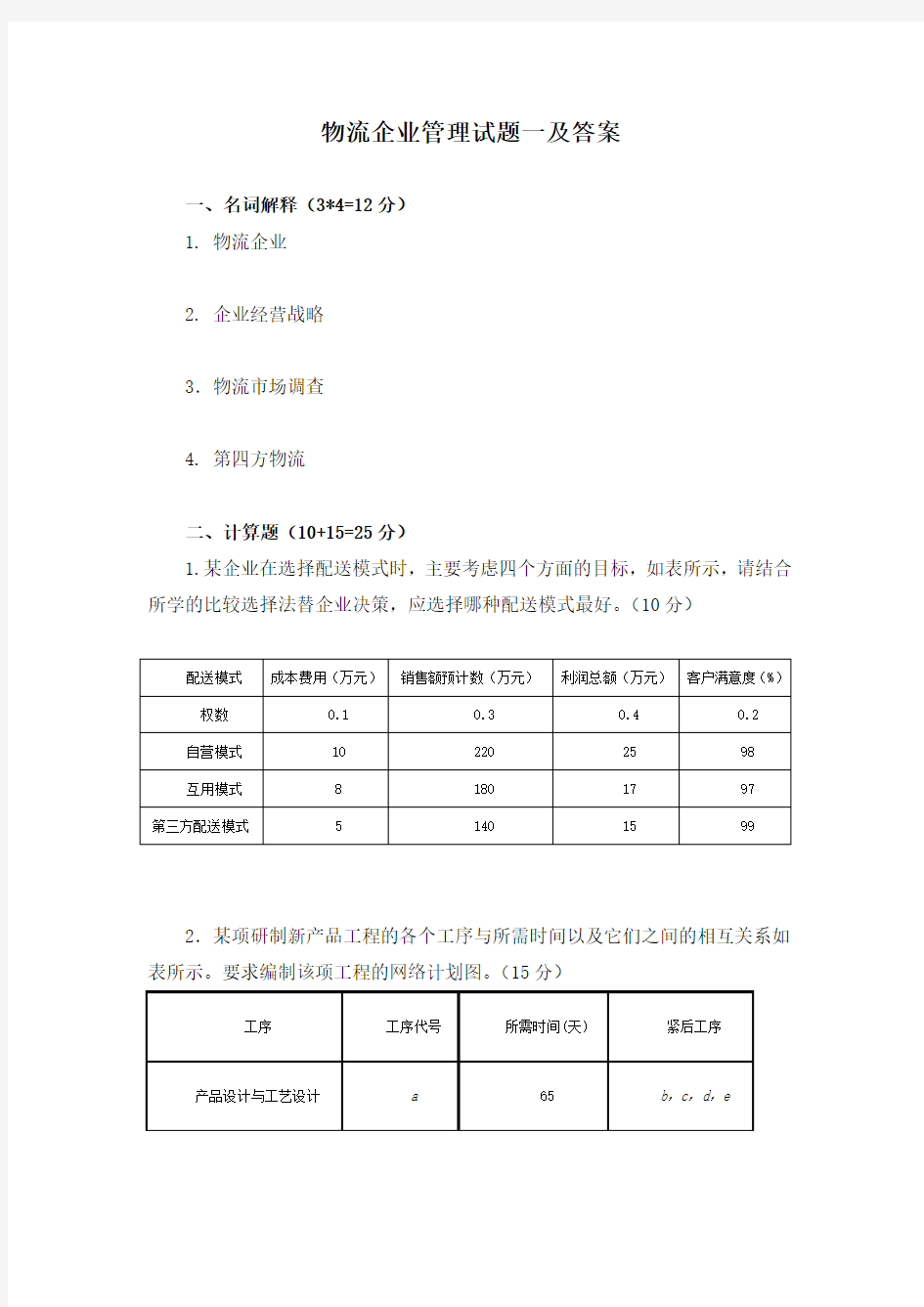 物流企业管理试题一及答案