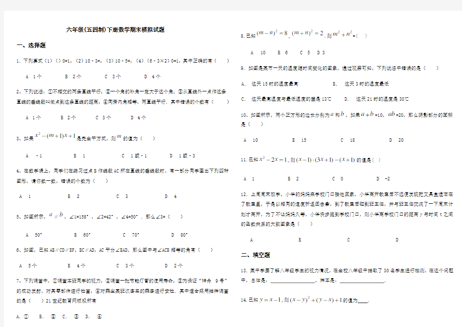 年鲁教版六年级下册数学期末模拟试题