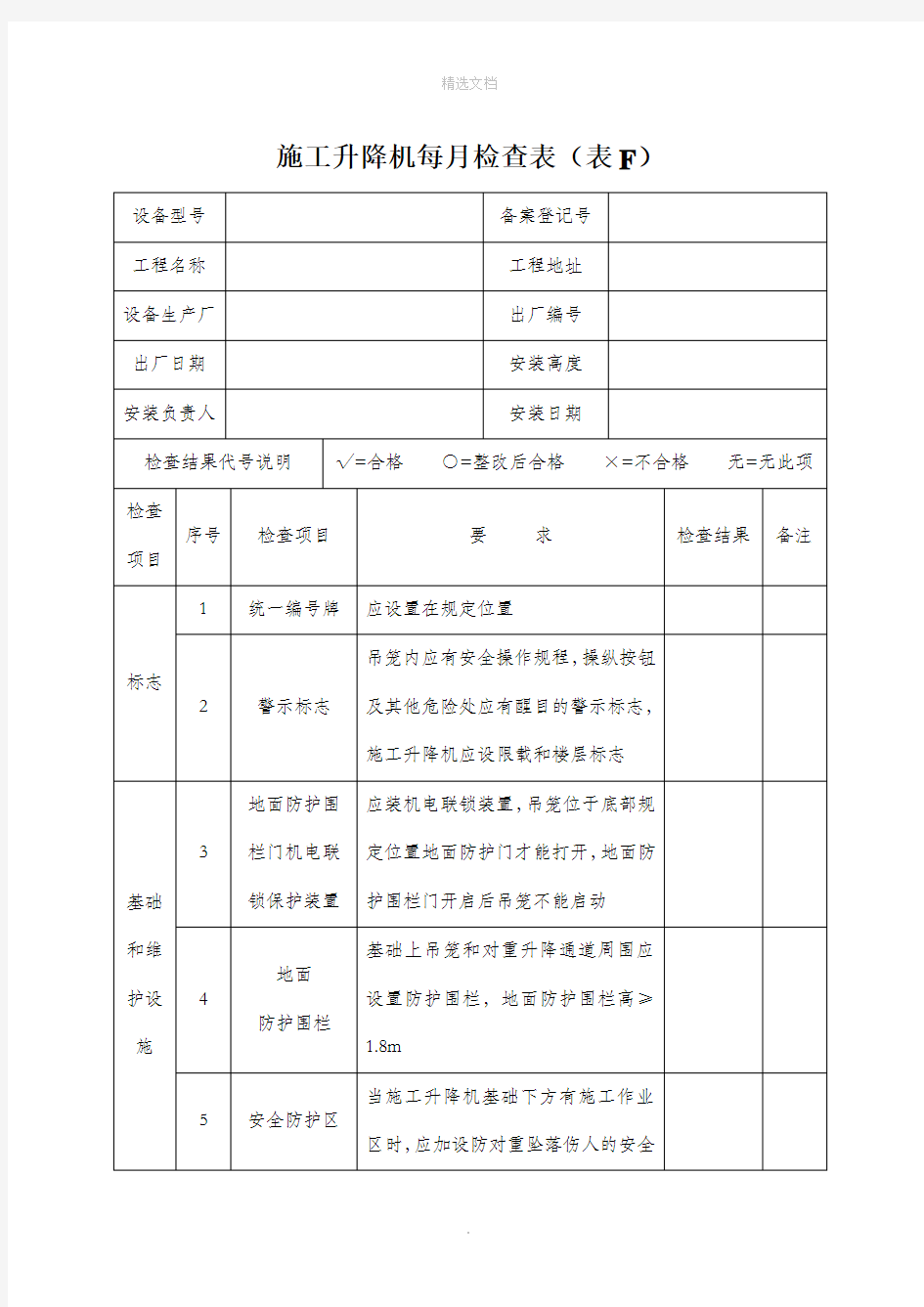 施工升降机每月检查表(表F)