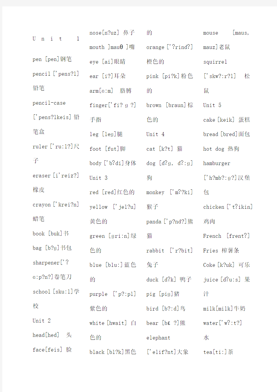 小学一至六年级英语单词汇总