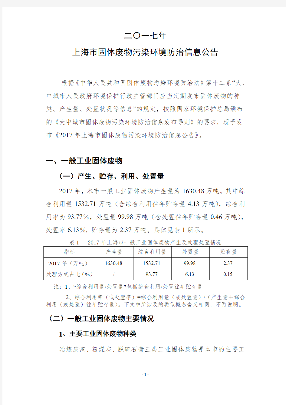 二〇一七年上海固体废物污染环境防治信息公告