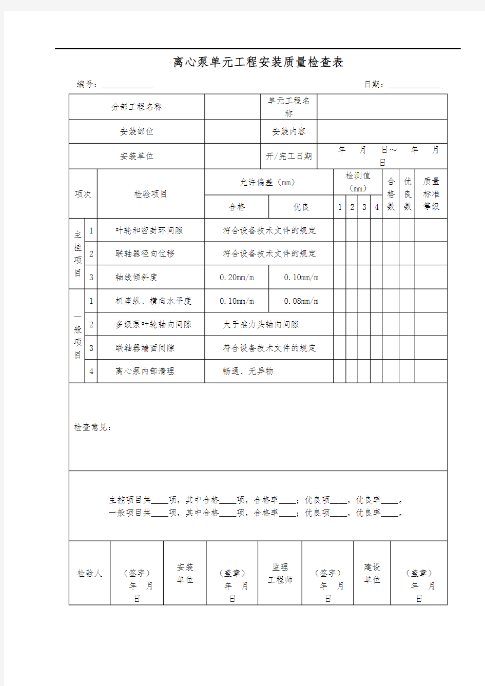 离心泵单元工程安装质量检查表