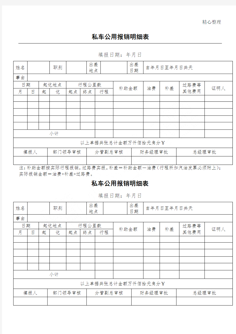 私车公用报销明细表格模板