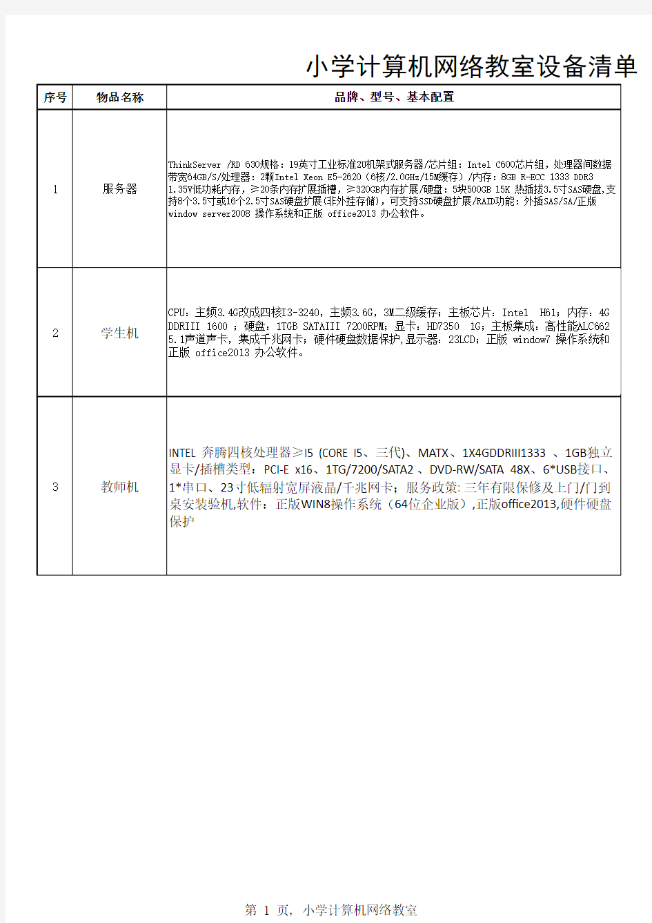 小学计算机网络教室设备配置标准