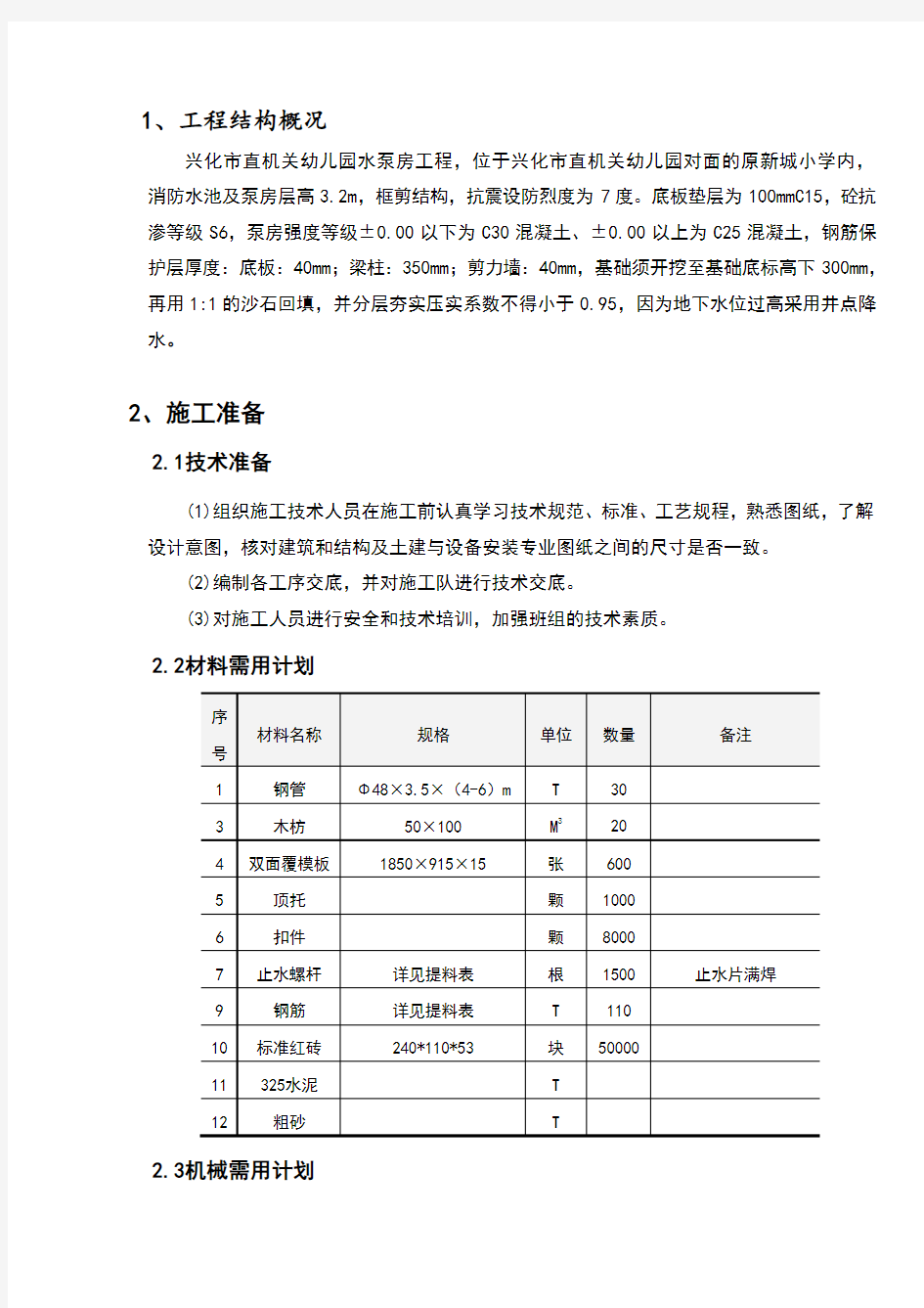 消防水池及泵房施工方案