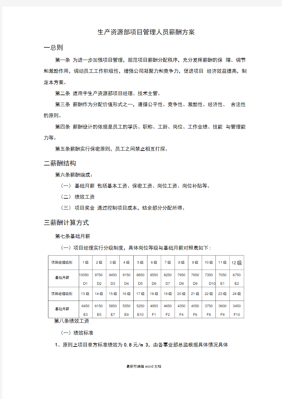 项目经理薪酬方案