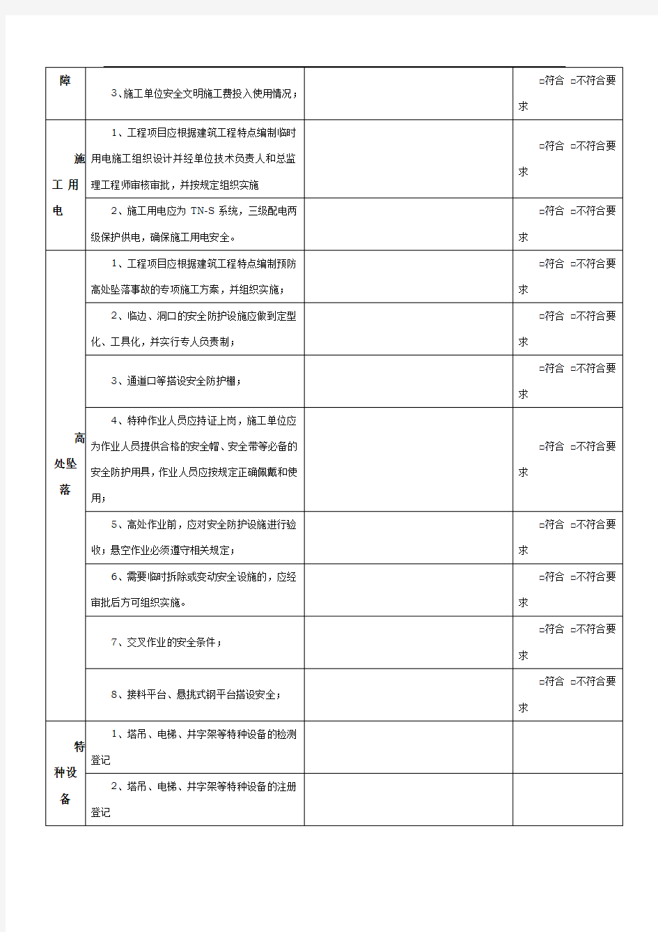 建设工程施工安全检查表