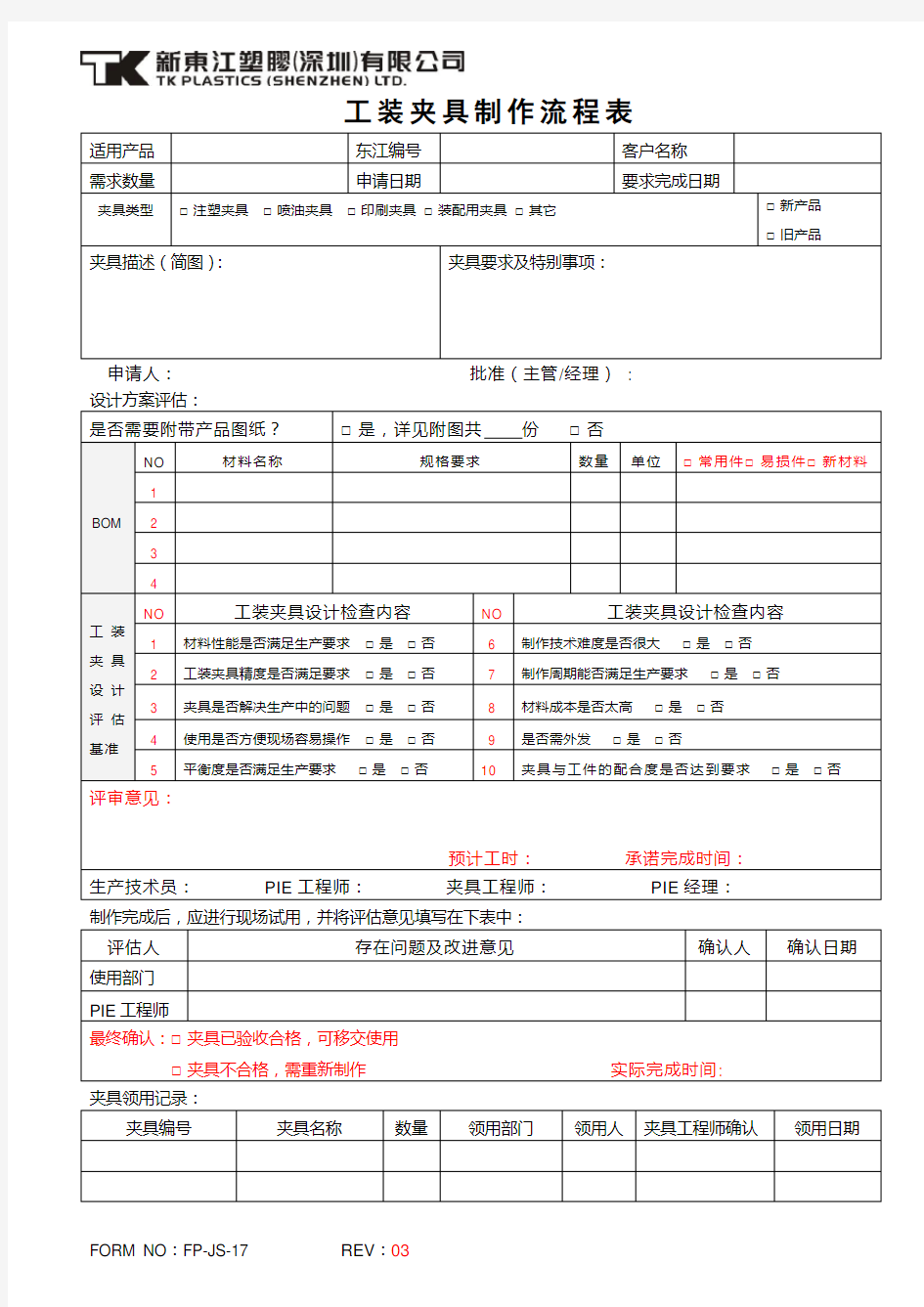 工装夹具制作流程表