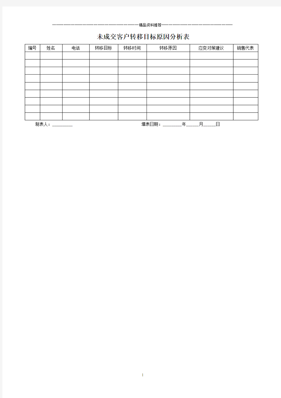 未成交客户转移目标原因分析表