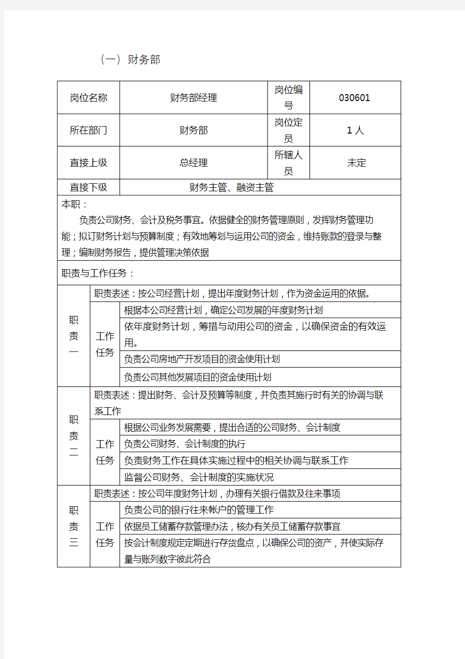 房地产财务部岗位说明书