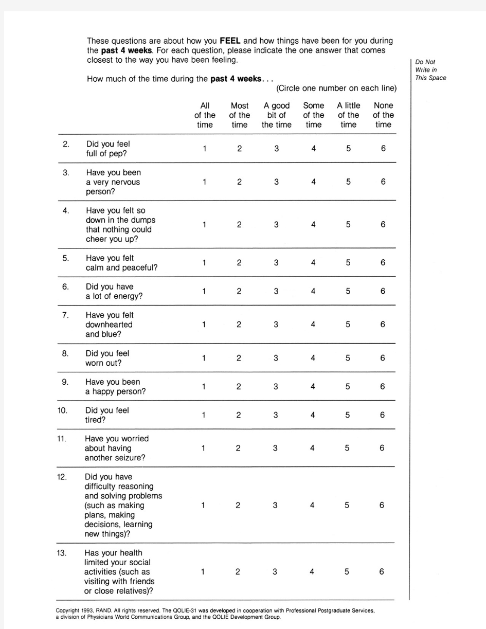 癫痫患者生活质量评定量表(QOLIE-31)英文版_调查量表