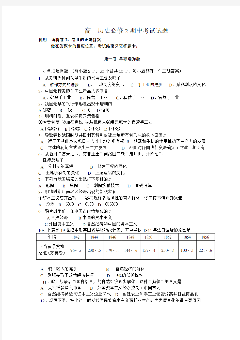 高一历史必修2期中考试试题