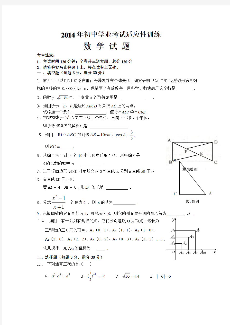 2014年中考适应性考试数学试题及答案