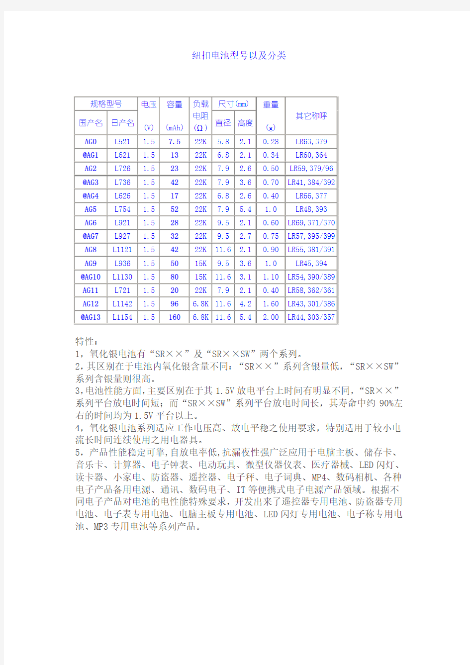 纽扣电池型号以及分类