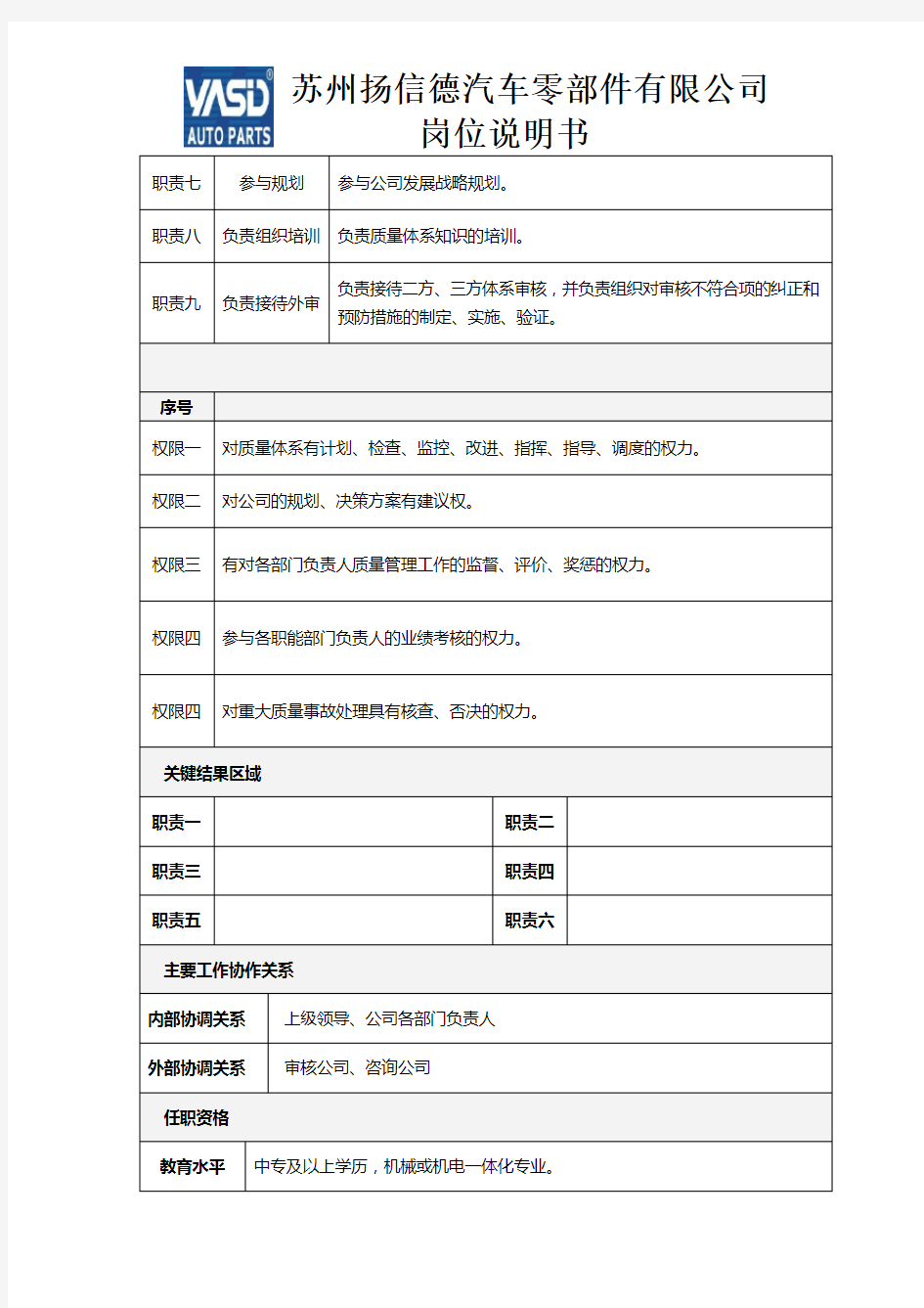 管理者代表岗位说明书