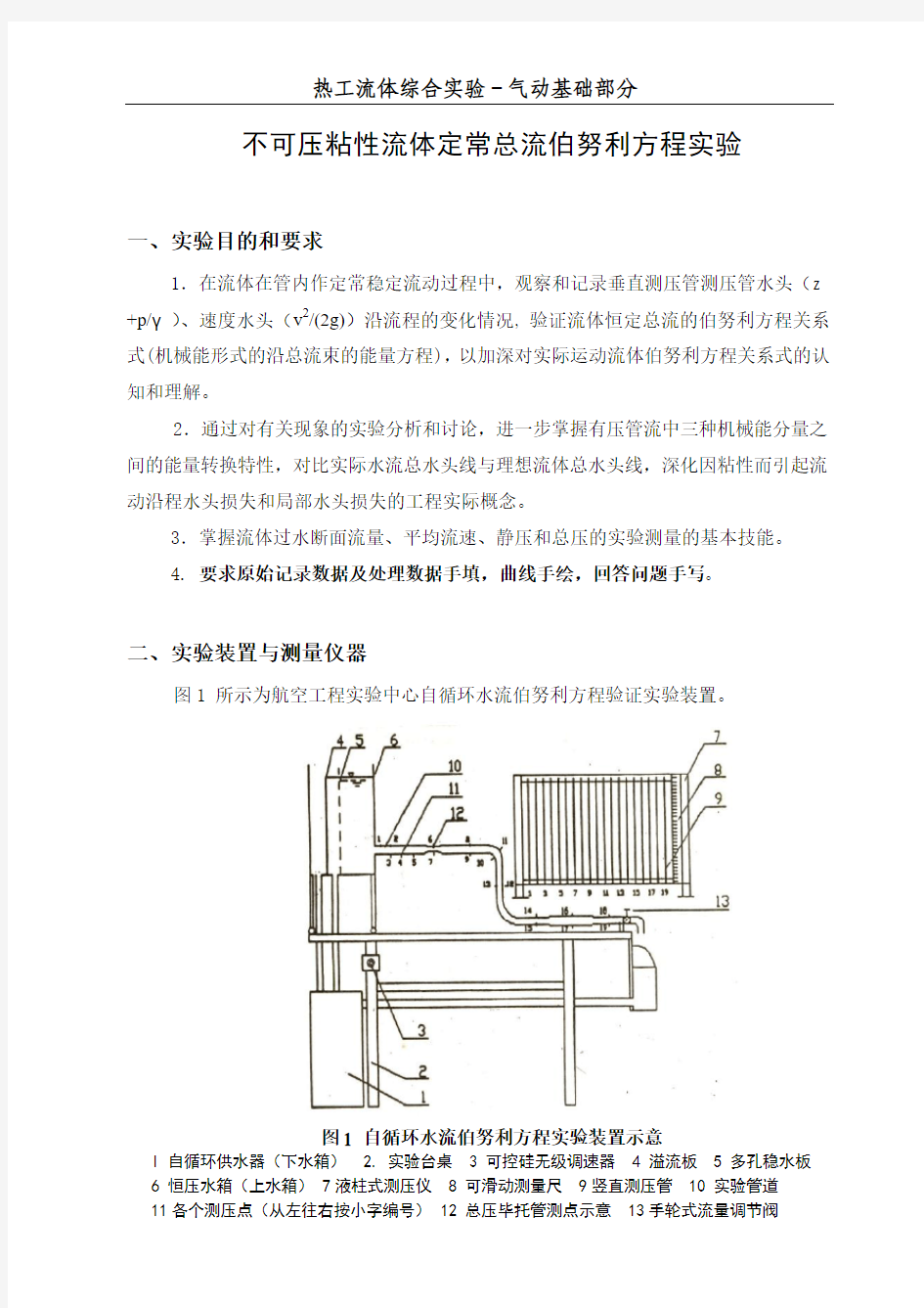 热工流体综合实验-总流伯努利方程实验